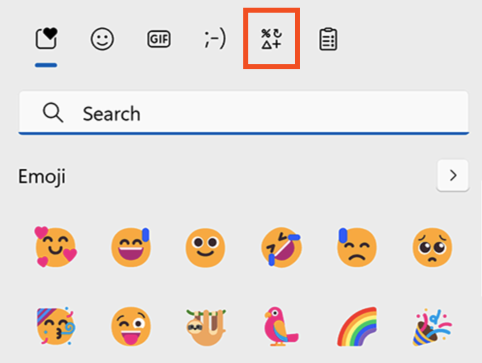Portion of Windows emoji keyboard with the symbols icon highlighted.