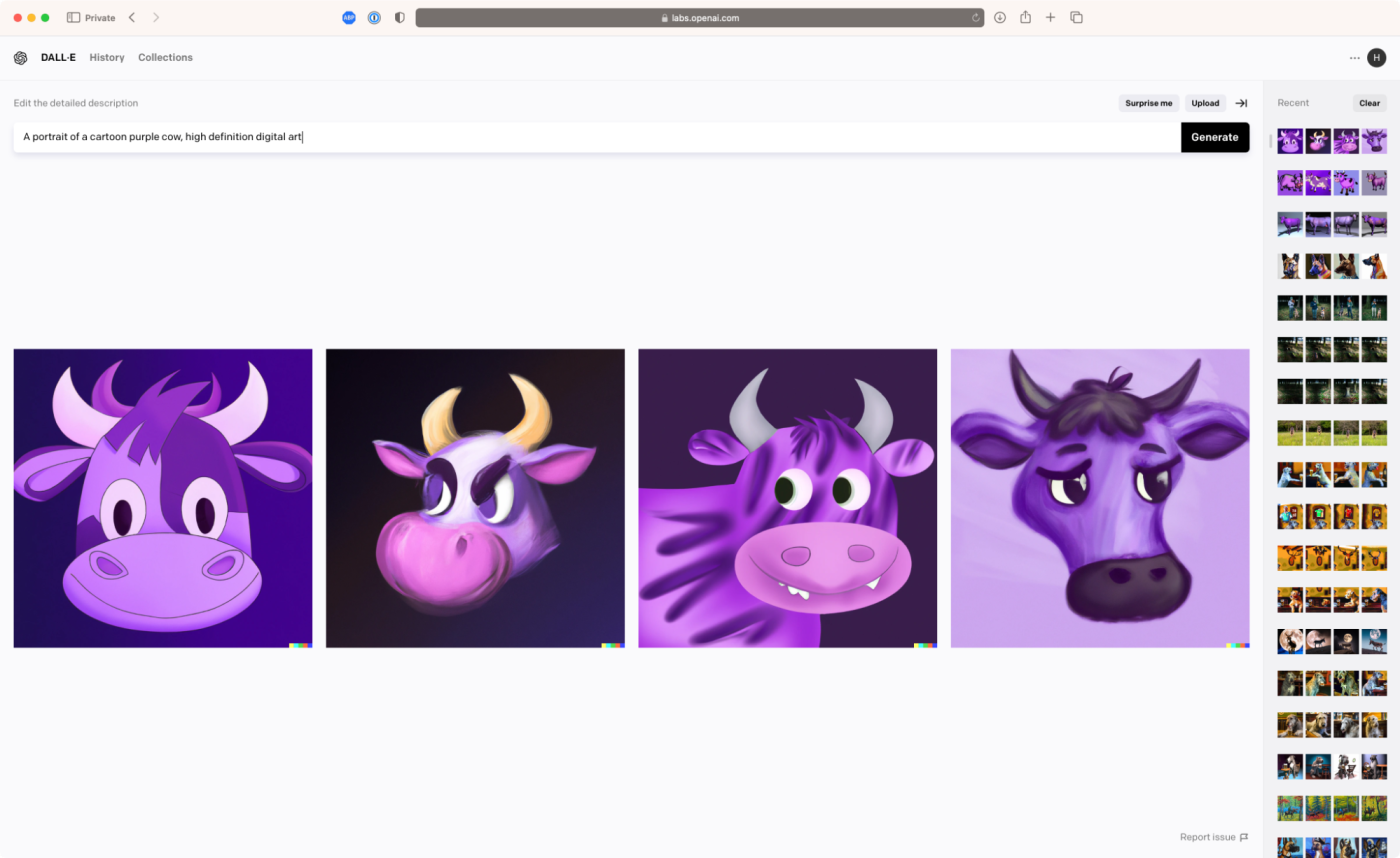 DALL-E 2 results for "A portrait of a cartoon purple cow, high definition digital art"